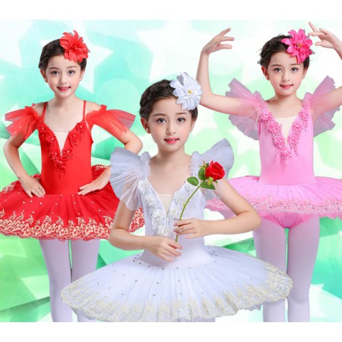 Kids competition ballet dresses pink red white ballerina stage performance party celebration tutu skirt pancake platter skirt dress